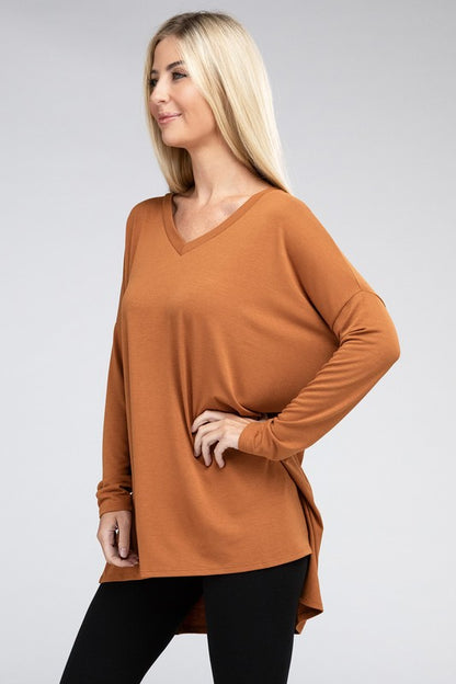 Dolman Top de manga larga con cuello en V y dobladillo alto y bajo con abertura lateral