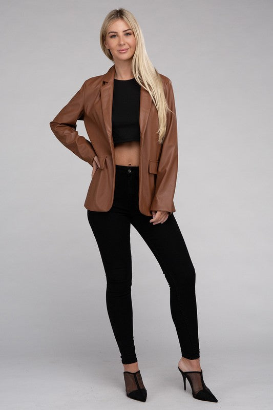 Sleek Pu Leather Blazer with Front Closure