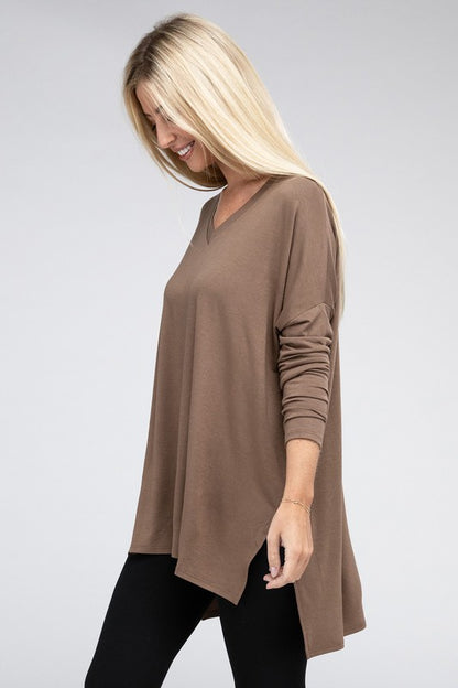 Dolman Top de manga larga con cuello en V y dobladillo alto y bajo con abertura lateral