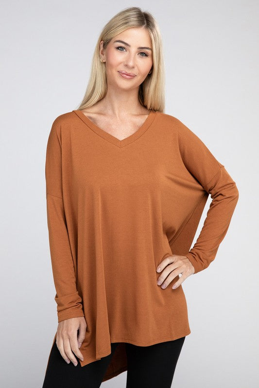 Dolman Top de manga larga con cuello en V y dobladillo alto y bajo con abertura lateral