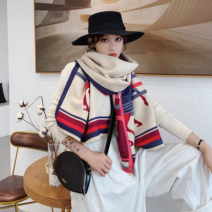 Luxury Cashmere Scarf Women Horse Design - Warm Pashmina Blanket - Scarves/Shawl Wraps Thick Foulard