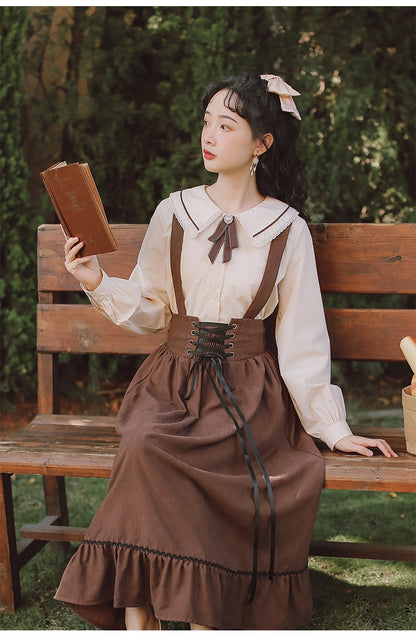 Spring Summer Women Long Midi Suspender - Skirt Preppy Style Cute Lace-Up - High Waist Ruffle A-Line Skirt