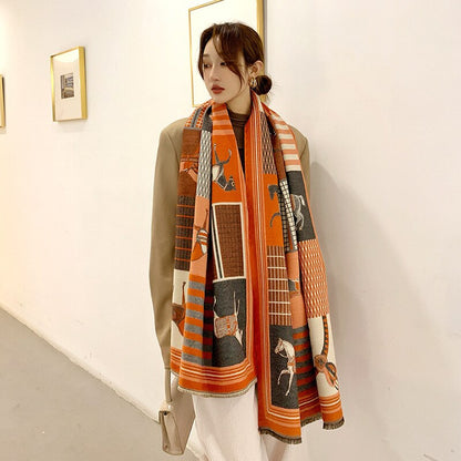 Luxury Cashmere Scarf Women Horse Design - Warm Pashmina Blanket - Scarves/Shawl Wraps Thick Foulard