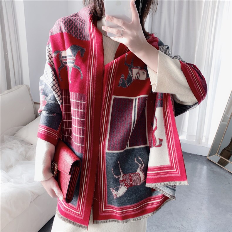 Luxury Cashmere Scarf Women Horse Design - Warm Pashmina Blanket - Scarves/Shawl Wraps Thick Foulard