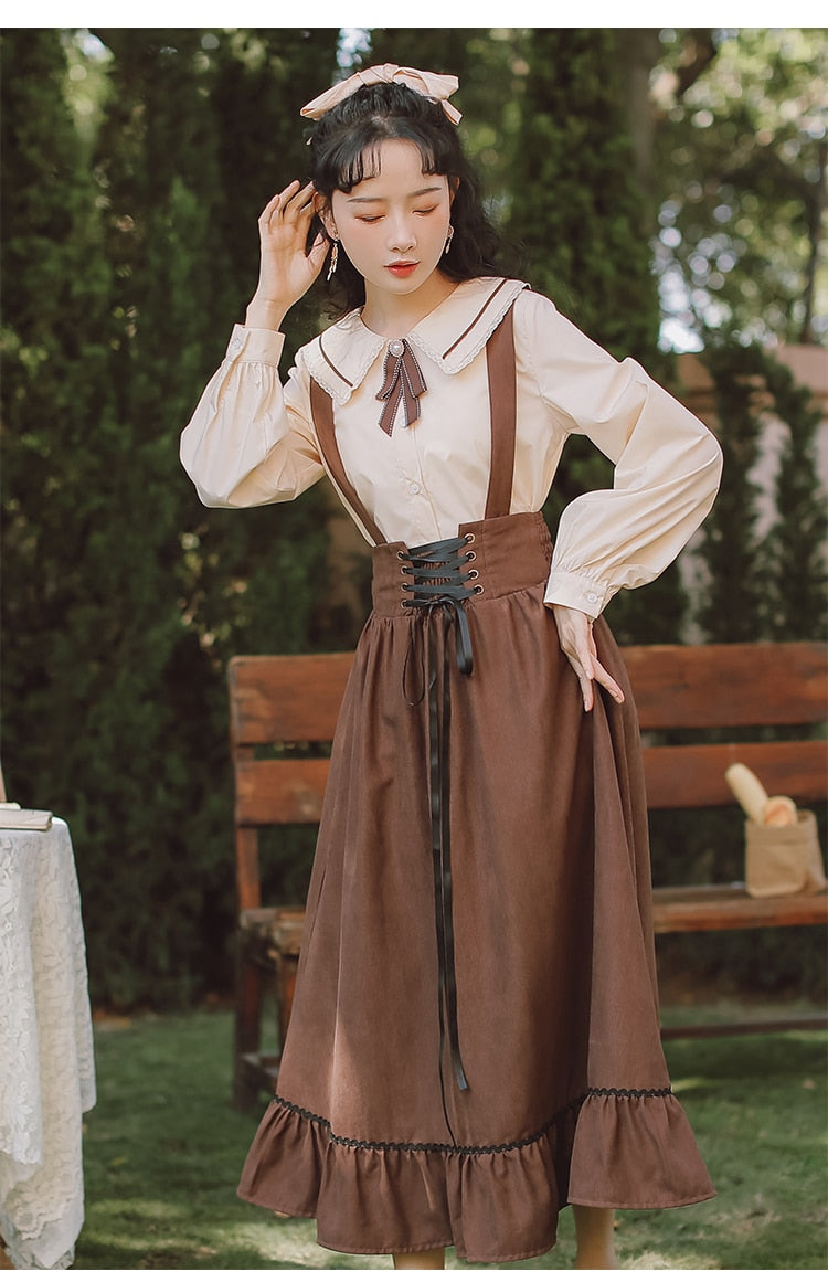 Spring Summer Women Long Midi Suspender - Skirt Preppy Style Cute Lace-Up - High Waist Ruffle A-Line Skirt