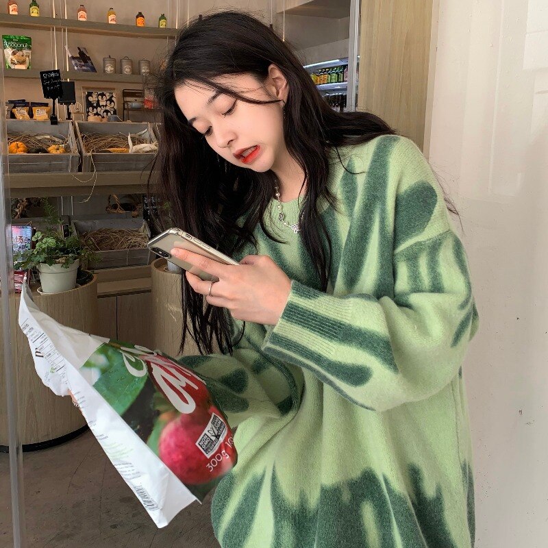 Women's Print Knitted Sweater - Elegant Green Striped Oversized Pullovers Loose Long Sweaters Streetwear