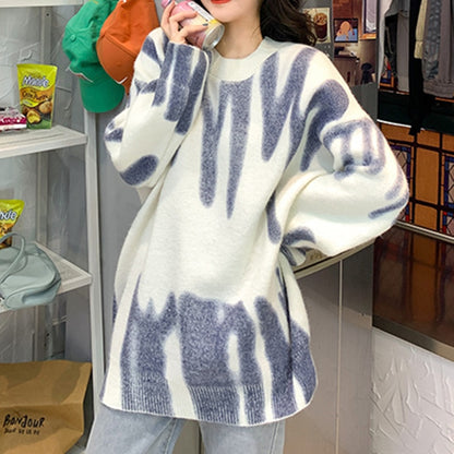 Women's Print Knitted Sweater - Elegant Green Striped Oversized Pullovers Loose Long Sweaters Streetwear