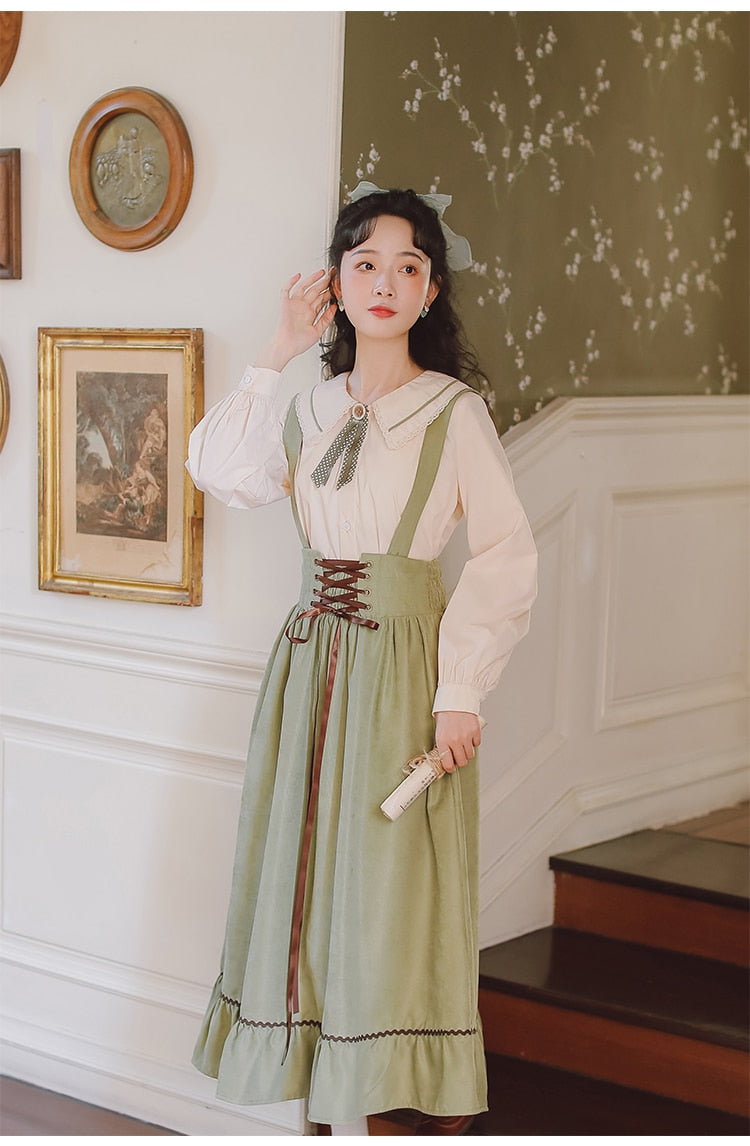 Spring Summer Women Long Midi Suspender - Skirt Preppy Style Cute Lace-Up - High Waist Ruffle A-Line Skirt