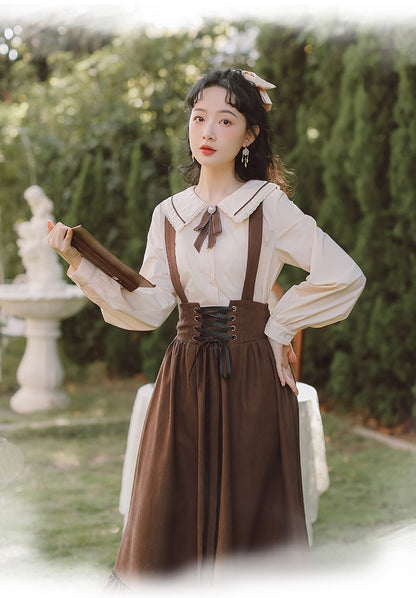 Spring Summer Women Long Midi Suspender - Skirt Preppy Style Cute Lace-Up - High Waist Ruffle A-Line Skirt