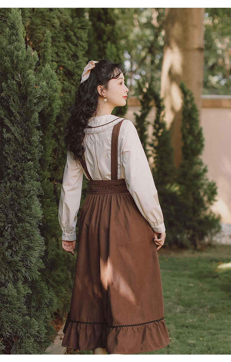 Primavera Verano Mujer Largo Midi Suspender - Falda Estilo Preppy Lindo Con Cordones - Falda Acampanada Con Volantes De Cintura Alta