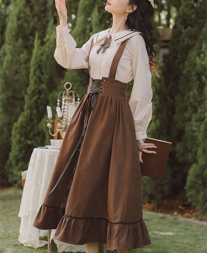 Spring Summer Women Long Midi Suspender - Skirt Preppy Style Cute Lace-Up - High Waist Ruffle A-Line Skirt