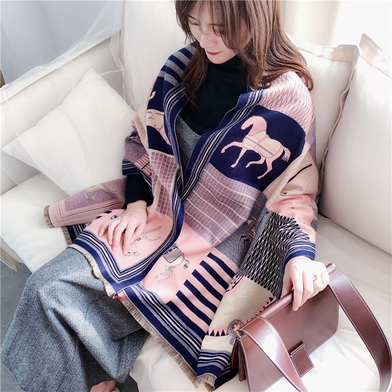 Luxury Cashmere Scarf Women Horse Design - Warm Pashmina Blanket - Scarves/Shawl Wraps Thick Foulard