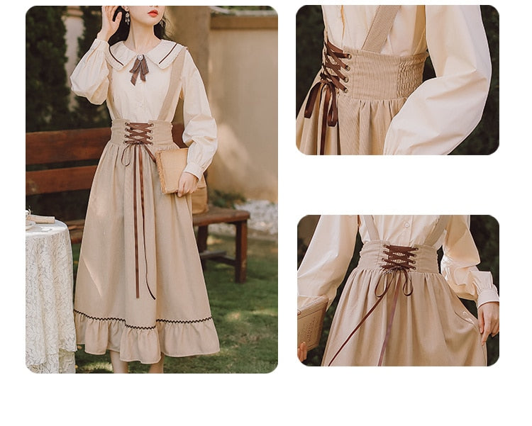 Spring Summer Women Long Midi Suspender - Skirt Preppy Style Cute Lace-Up - High Waist Ruffle A-Line Skirt