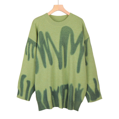 Women's Print Knitted Sweater - Elegant Green Striped Oversized Pullovers Loose Long Sweaters Streetwear