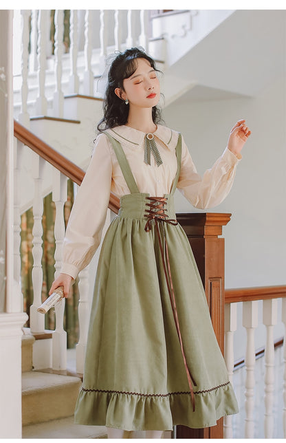 Spring Summer Women Long Midi Suspender - Skirt Preppy Style Cute Lace-Up - High Waist Ruffle A-Line Skirt