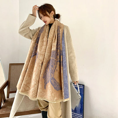 Luxury Cashmere Scarf Women Horse Design - Warm Pashmina Blanket - Scarves/Shawl Wraps Thick Foulard