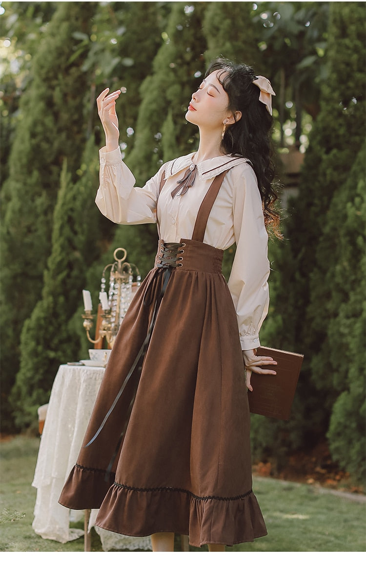 Spring Summer Women Long Midi Suspender - Skirt Preppy Style Cute Lace-Up - High Waist Ruffle A-Line Skirt