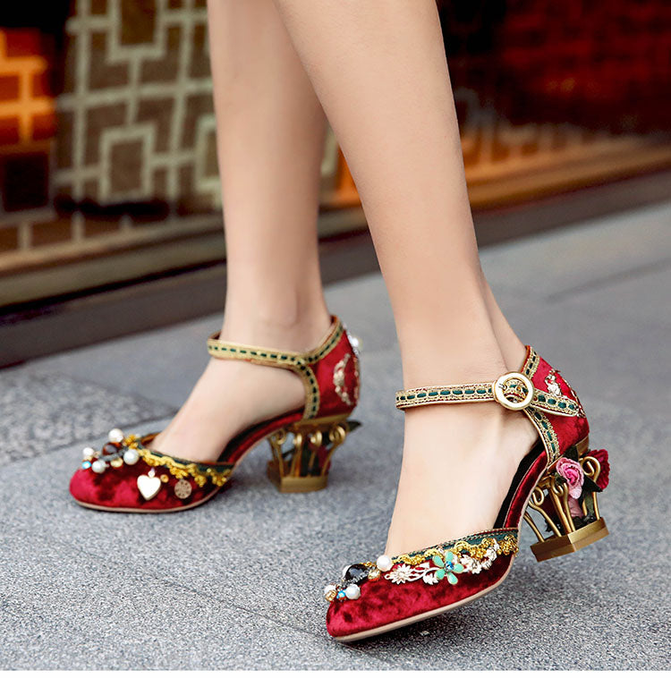 Velvet ankle strap - Chinese style wedding shoes - women's crystal buckle pearl rhinestone flower decoration Mary Jane shoe - Steampunk