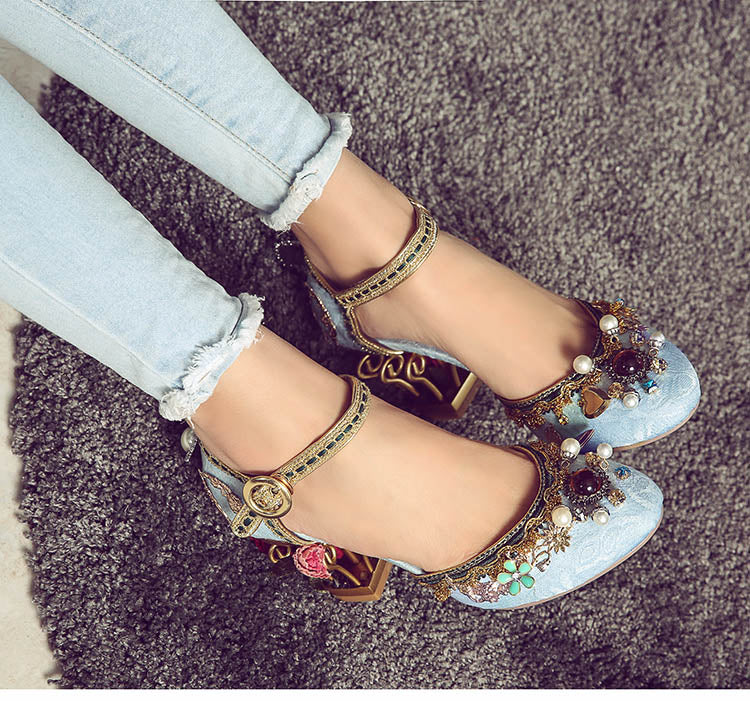 Velvet ankle strap - Chinese style wedding shoes - women's crystal buckle pearl rhinestone flower decoration Mary Jane shoe - Steampunk