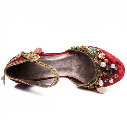 Velvet ankle strap - Chinese style wedding shoes - women's crystal buckle pearl rhinestone flower decoration Mary Jane shoe - Steampunk