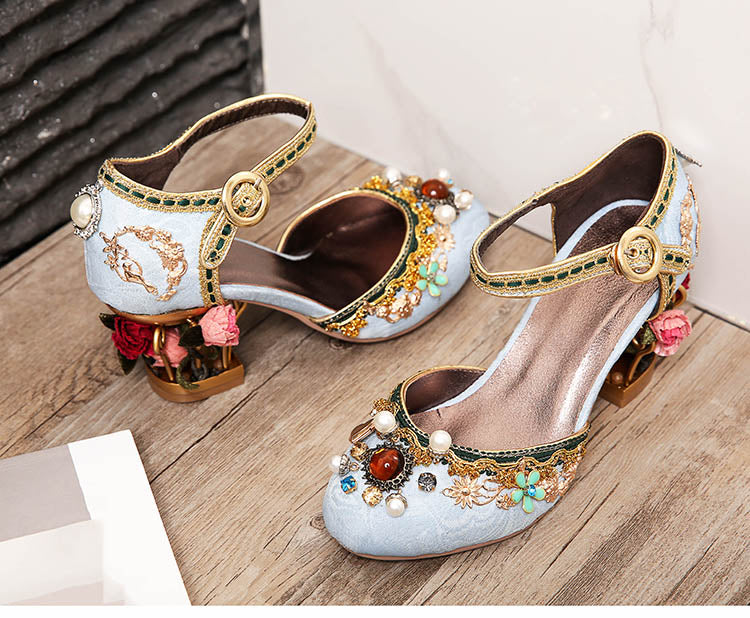 Velvet ankle strap - Chinese style wedding shoes - women's crystal buckle pearl rhinestone flower decoration Mary Jane shoe - Steampunk