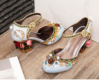 Correa de tobillo de terciopelo - Zapatos de boda de estilo chino - hebilla de cristal de mujer perla pedrería flor decoración zapato Mary Jane - Steampunk