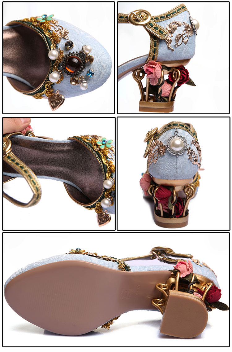 Correa de tobillo de terciopelo - Zapatos de boda de estilo chino - hebilla de cristal de mujer perla pedrería flor decoración zapato Mary Jane - Steampunk