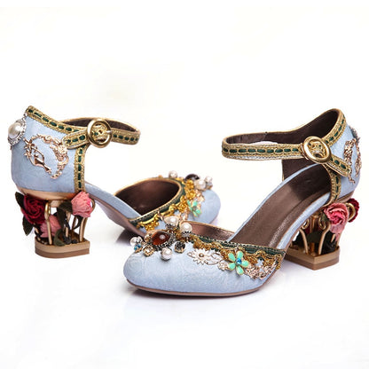 Velvet ankle strap - Chinese style wedding shoes - women's crystal buckle pearl rhinestone flower decoration Mary Jane shoe - Steampunk