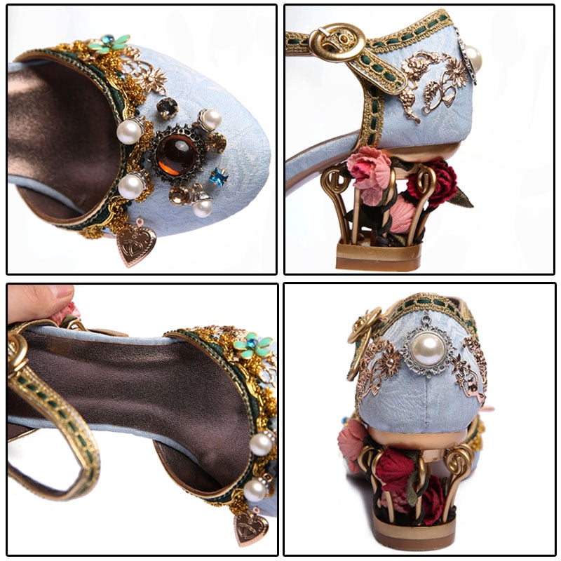 Correa de tobillo de terciopelo - Zapatos de boda de estilo chino - hebilla de cristal de mujer perla pedrería flor decoración zapato Mary Jane - Steampunk