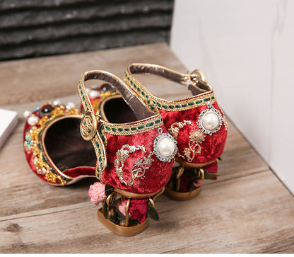 Velvet ankle strap - Chinese style wedding shoes - women's crystal buckle pearl rhinestone flower decoration Mary Jane shoe - Steampunk