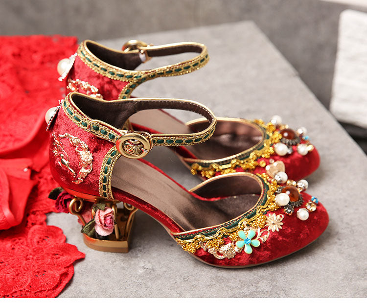 Velvet ankle strap - Chinese style wedding shoes - women's crystal buckle pearl rhinestone flower decoration Mary Jane shoe - Steampunk