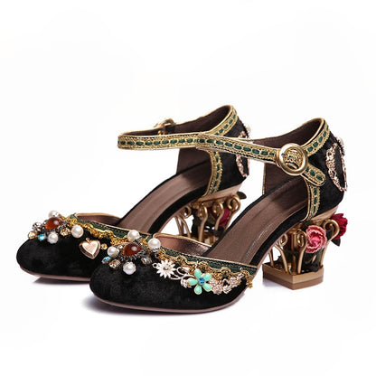 Velvet ankle strap - Chinese style wedding shoes - women's crystal buckle pearl rhinestone flower decoration Mary Jane shoe - Steampunk