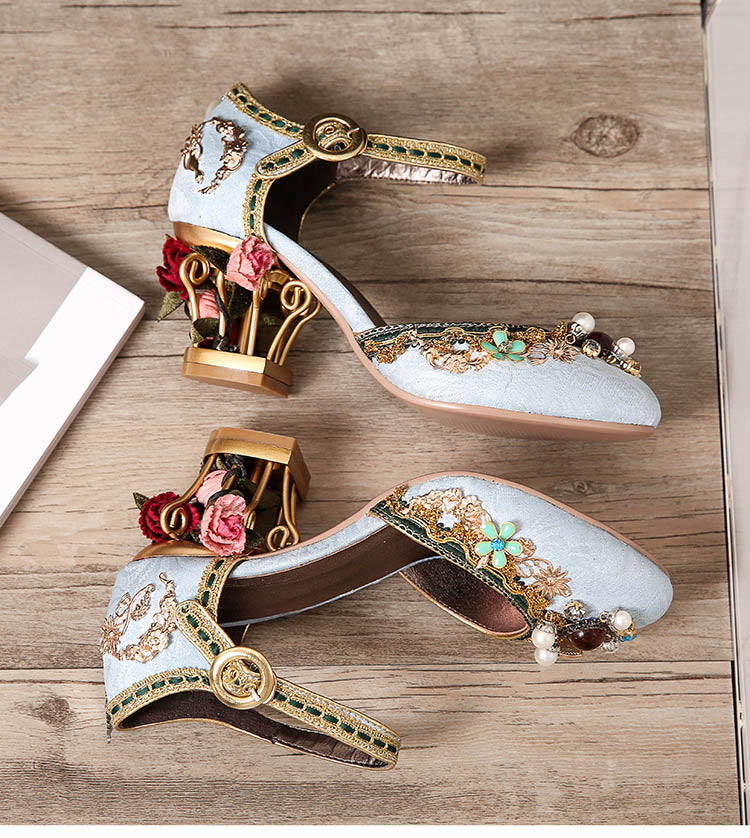 Velvet ankle strap - Chinese style wedding shoes - women's crystal buckle pearl rhinestone flower decoration Mary Jane shoe - Steampunk