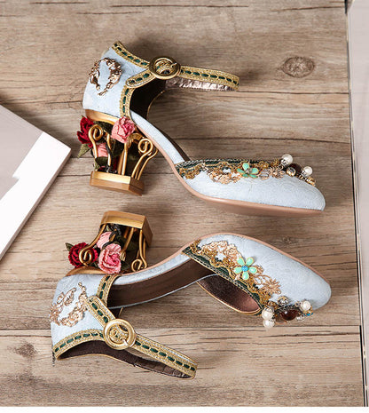 Correa de tobillo de terciopelo - Zapatos de boda de estilo chino - hebilla de cristal de mujer perla pedrería flor decoración zapato Mary Jane - Steampunk