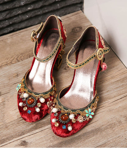 Velvet ankle strap - Chinese style wedding shoes - women's crystal buckle pearl rhinestone flower decoration Mary Jane shoe - Steampunk