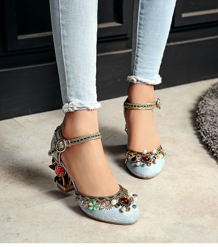 Velvet ankle strap - Chinese style wedding shoes - women's crystal buckle pearl rhinestone flower decoration Mary Jane shoe - Steampunk