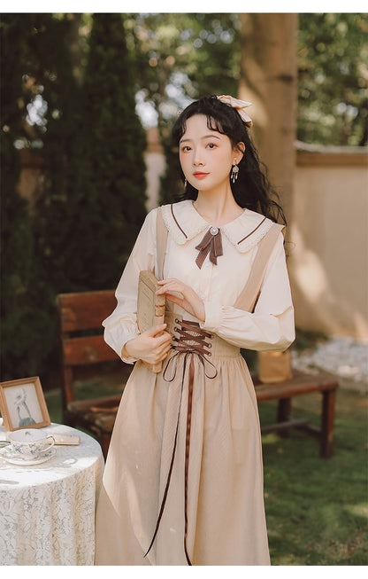 Spring Summer Women Long Midi Suspender - Skirt Preppy Style Cute Lace-Up - High Waist Ruffle A-Line Skirt