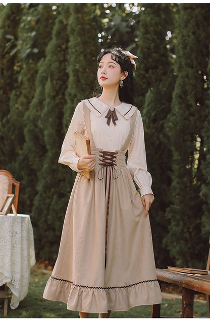 Spring Summer Women Long Midi Suspender - Skirt Preppy Style Cute Lace-Up - High Waist Ruffle A-Line Skirt