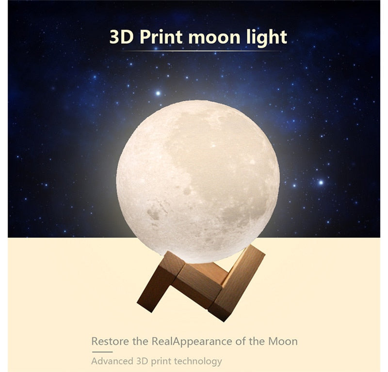 Lámpara de Luna Táctil de 2 Colores Impresa en 3D Recargable - Luz Nocturna LED para Niños - Decoración de Dormitorio