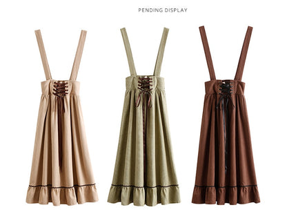 Spring Summer Women Long Midi Suspender - Skirt Preppy Style Cute Lace-Up - High Waist Ruffle A-Line Skirt