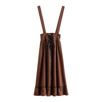 Spring Summer Women Long Midi Suspender - Skirt Preppy Style Cute Lace-Up - High Waist Ruffle A-Line Skirt