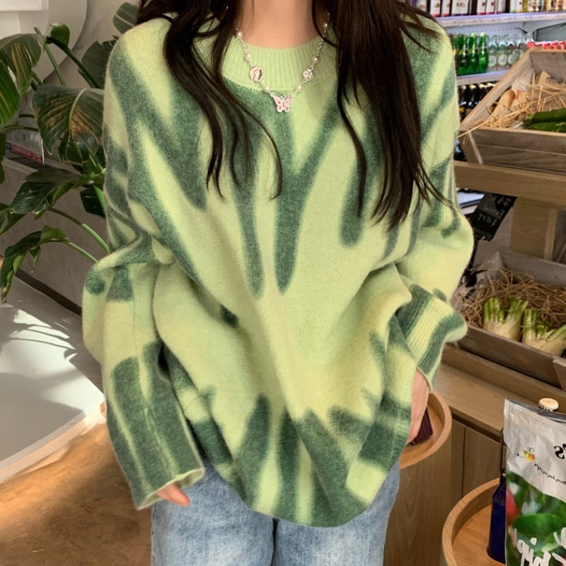 Women's Print Knitted Sweater - Elegant Green Striped Oversized Pullovers Loose Long Sweaters Streetwear