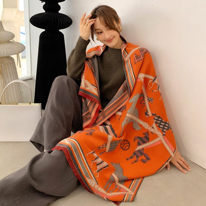 Luxury Cashmere Scarf Women Horse Design - Warm Pashmina Blanket - Scarves/Shawl Wraps Thick Foulard