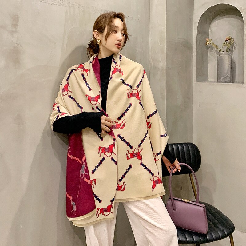 Luxury Cashmere Scarf Women Horse Design - Warm Pashmina Blanket - Scarves/Shawl Wraps Thick Foulard