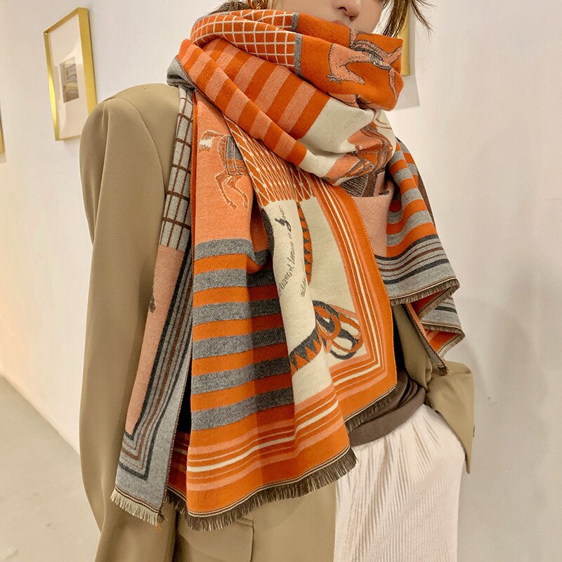 Luxury Cashmere Scarf Women Horse Design - Warm Pashmina Blanket - Scarves/Shawl Wraps Thick Foulard