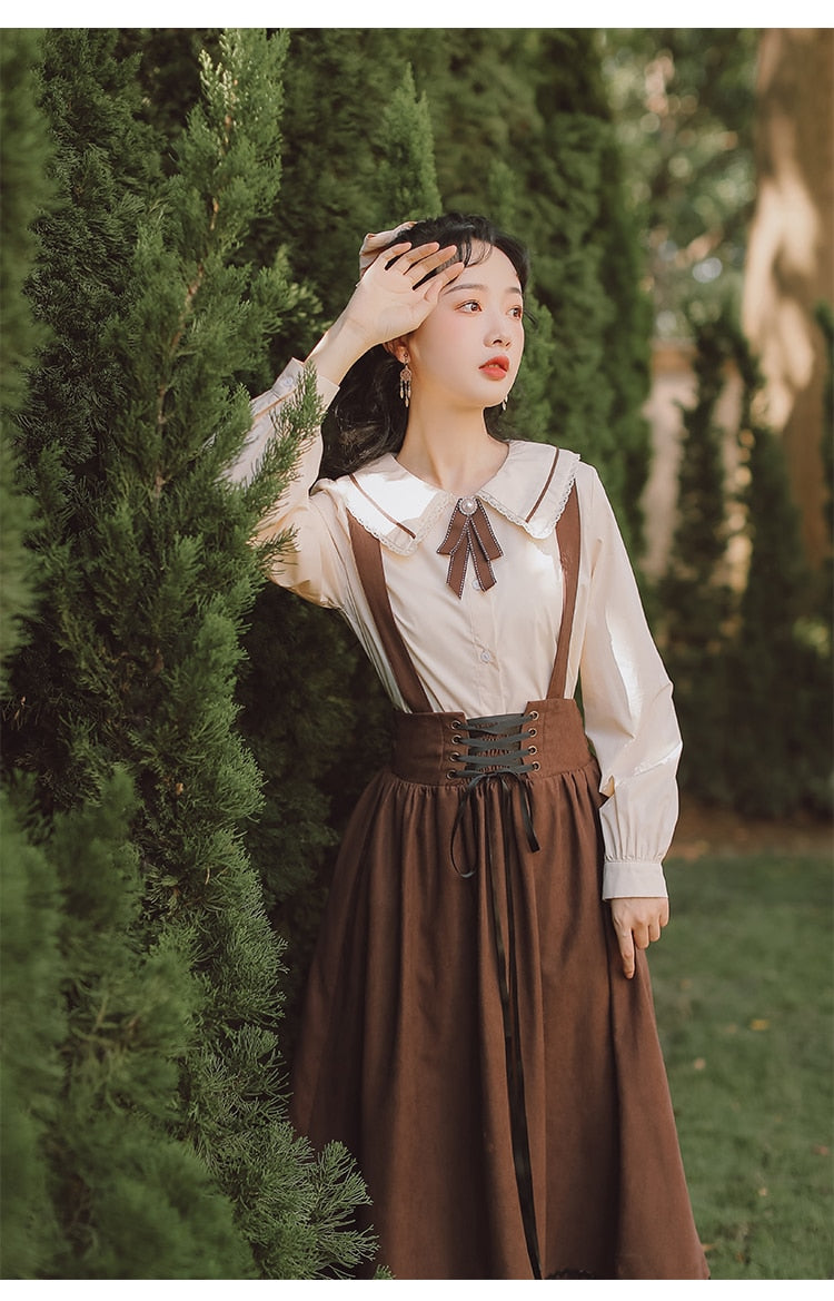 Spring Summer Women Long Midi Suspender - Skirt Preppy Style Cute Lace-Up - High Waist Ruffle A-Line Skirt