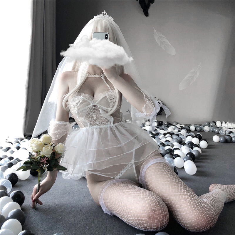 Sexy Bride Cosplay - Outfit For Women Costumes - Cute Anime See-Through - Lingerie with Veil - Wedding Set