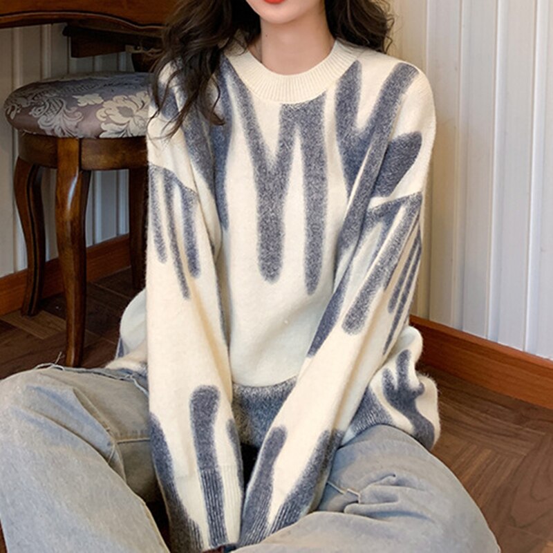 Women's Print Knitted Sweater - Elegant Green Striped Oversized Pullovers Loose Long Sweaters Streetwear