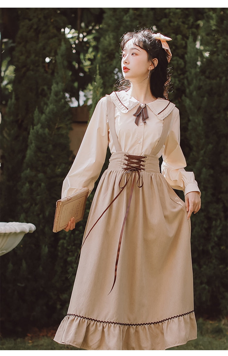 Spring Summer Women Long Midi Suspender - Skirt Preppy Style Cute Lace-Up - High Waist Ruffle A-Line Skirt