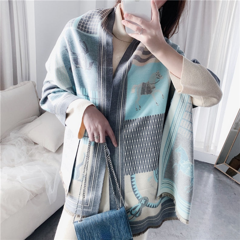 Luxury Cashmere Scarf Women Horse Design - Warm Pashmina Blanket - Scarves/Shawl Wraps Thick Foulard